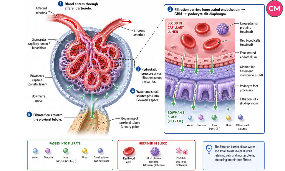 The filtration pathway, from blood entry